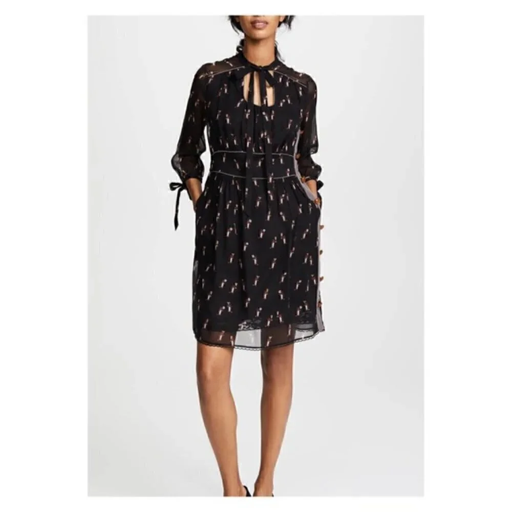 New Coach 1941 Penguin Print Tie Neck Knee Length Black Dress NWT Size 6 US
